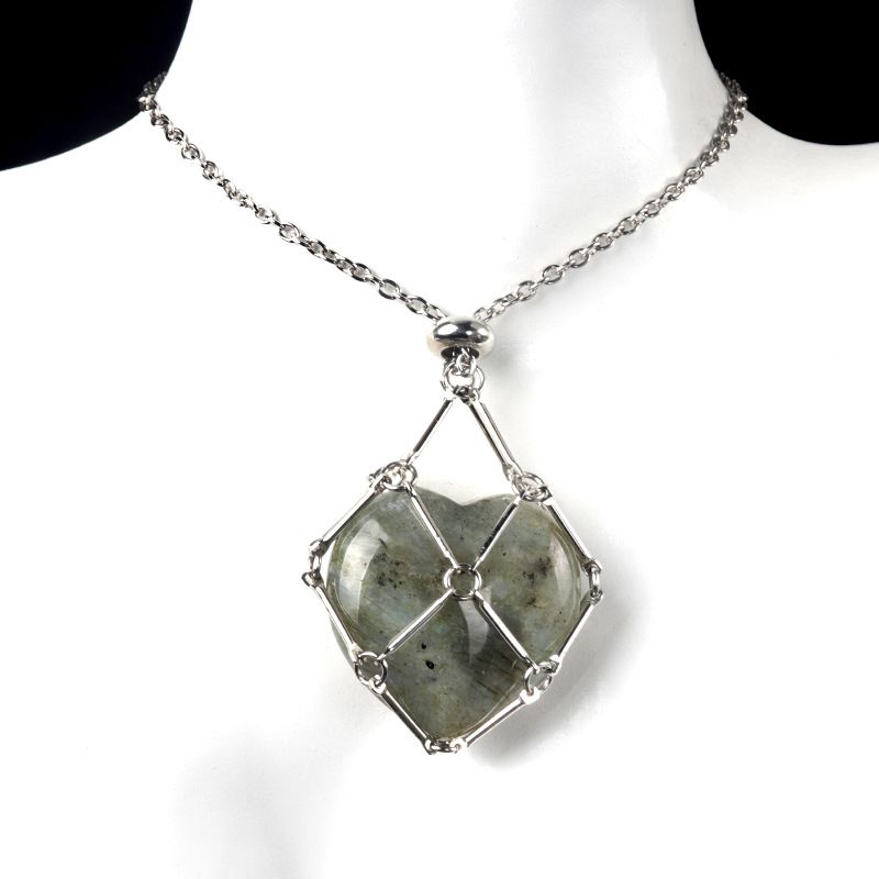 1737-Corrente de aço inoxidável de pedra de amor de ágata de cristal natural, pingente de bolso de malha de coração de bambu de metal