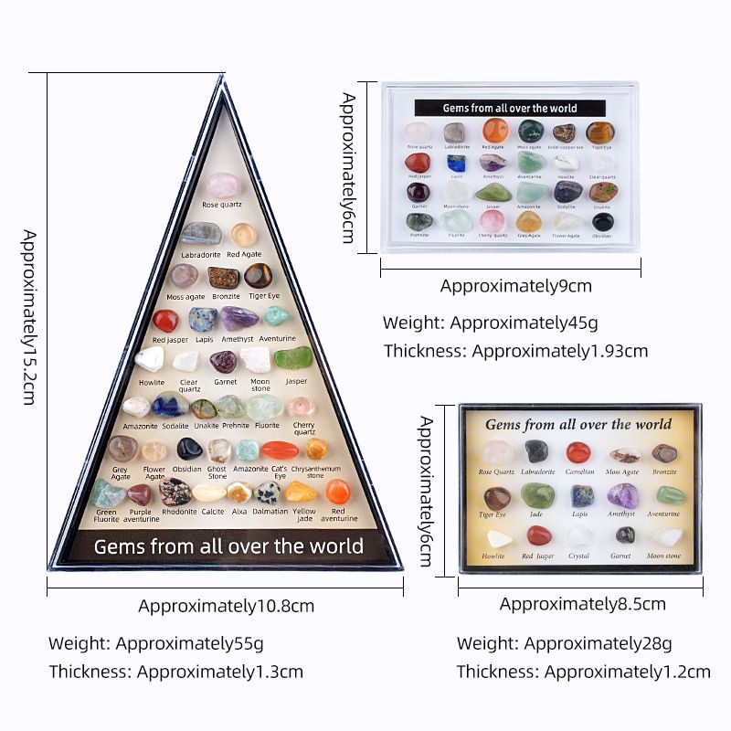 Pedra semipreciosa de cristal natural 36 tipos de espécimes de minério Ensino de ciências infantis ornamento de caixa padrão de minério triangular