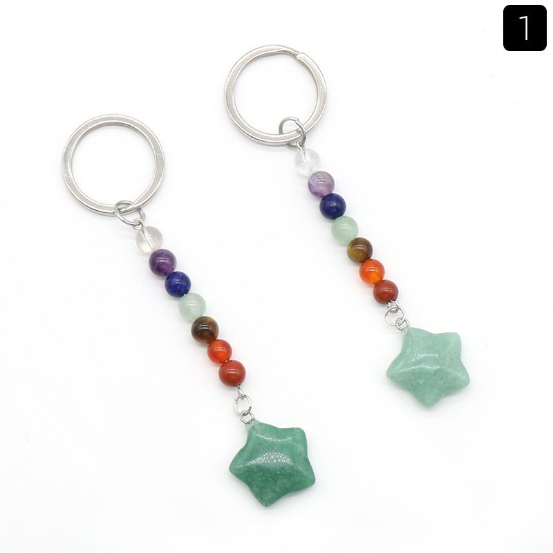 1472-Cristal natural de pedra colorida pentagrama pingente de chave de jóias pingente de bagagem DIY chaveiro