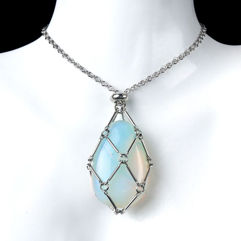 1720-Corrente de mão de aço inoxidável tecido malha colar de bolso de pedra de ágata cristal pingente de gota de água pode ser substituído por pedra bruta