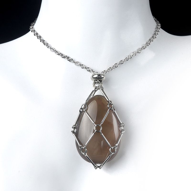 1720-Corrente de mão de aço inoxidável tecido malha colar de bolso de pedra de ágata cristal pingente de gota de água pode ser substituído por pedra bruta