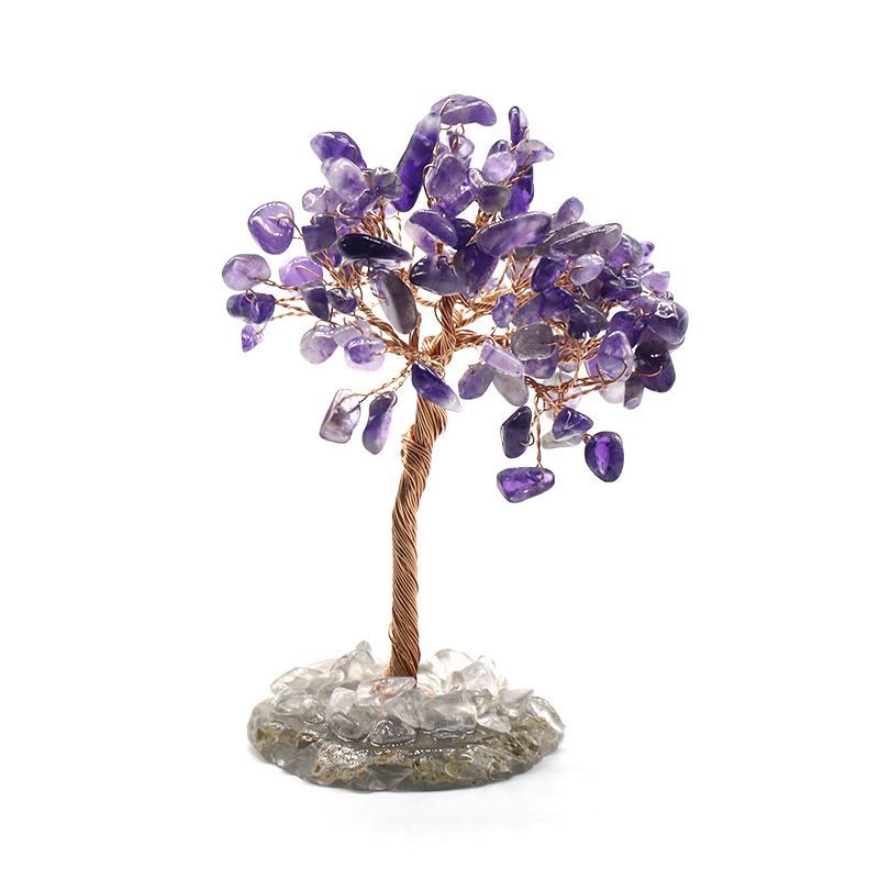 Árvore de seda de cascalho de ametista da vida, árvore da fortuna de base de ágata de cristal colorido, enfeite para casa de presente de Natal