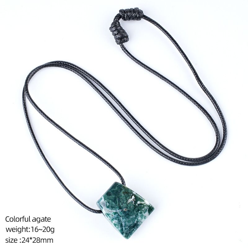 Colar de machado de cristal retro ajustado à mão tecido corda suéter corrente grande buraco trapezoidal ágata pingente de pedra