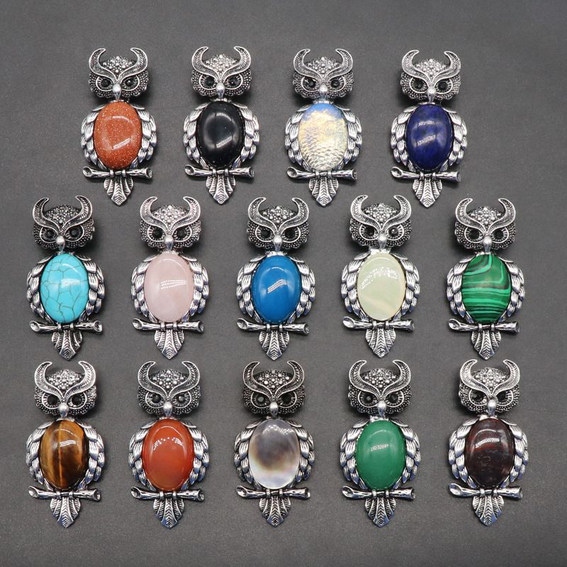 1208-Coruja gem Broche de Cristal Natural Coruja Broche, Alloy Set Pingente de Pedra Preciosa Pin