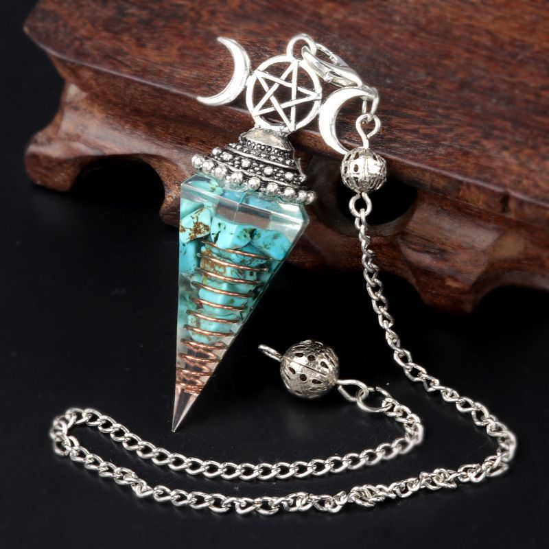 1690-Lua trifásica colorido cascalho resina cristal pedra preciosa hexagonal cone pêndulo, pingente de chakra