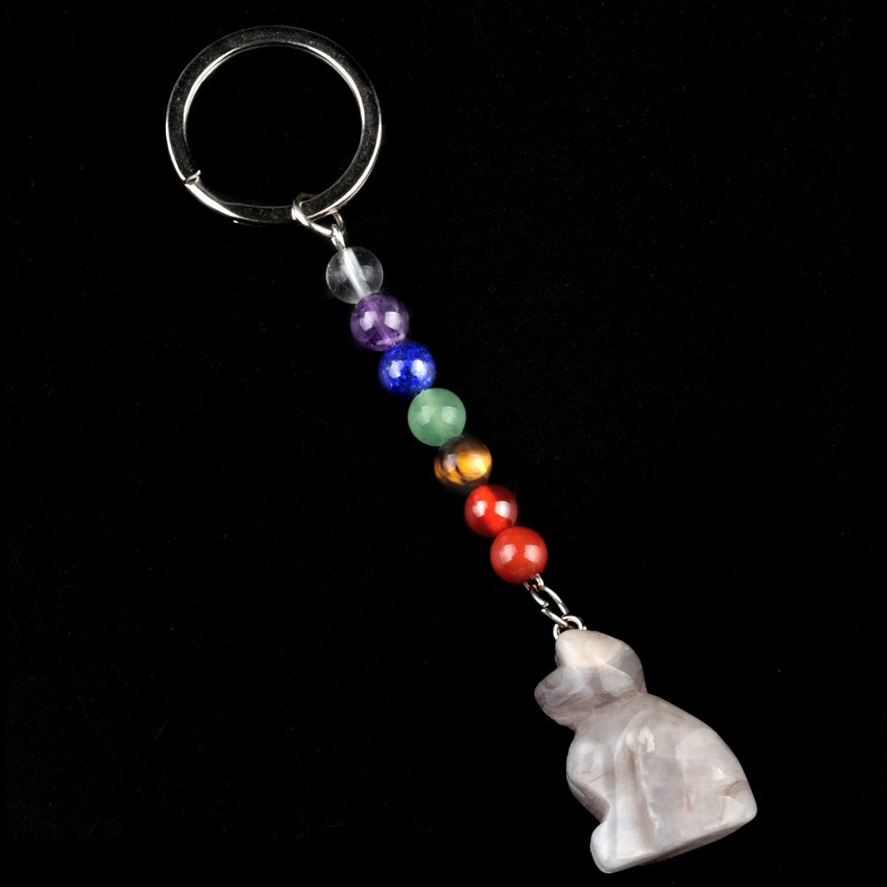 1956-Chaveiro de gatinho de pedra de cristal colorido, pingente de jóias de chakra, pingente de chaveiro de animal pequeno