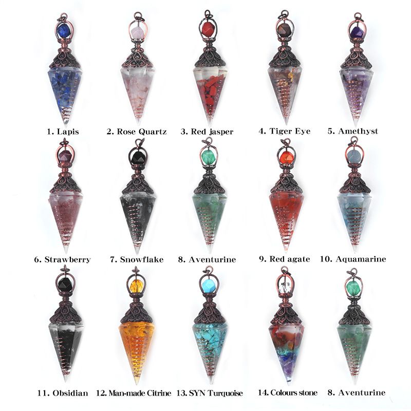 1630-Pêndulo de cascalho de resina, pingente de cone hexagonal de cola de ágata de cristal