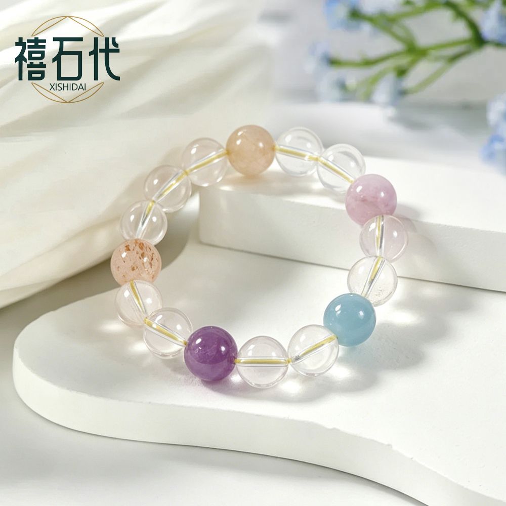 [Xishi Dai] Pulseira de Cristal Duobao Natural, Cristal Branco Ametista, Cristal de Cabelo Dourado, Recrutamento de Negócios de Flor de Pêssego