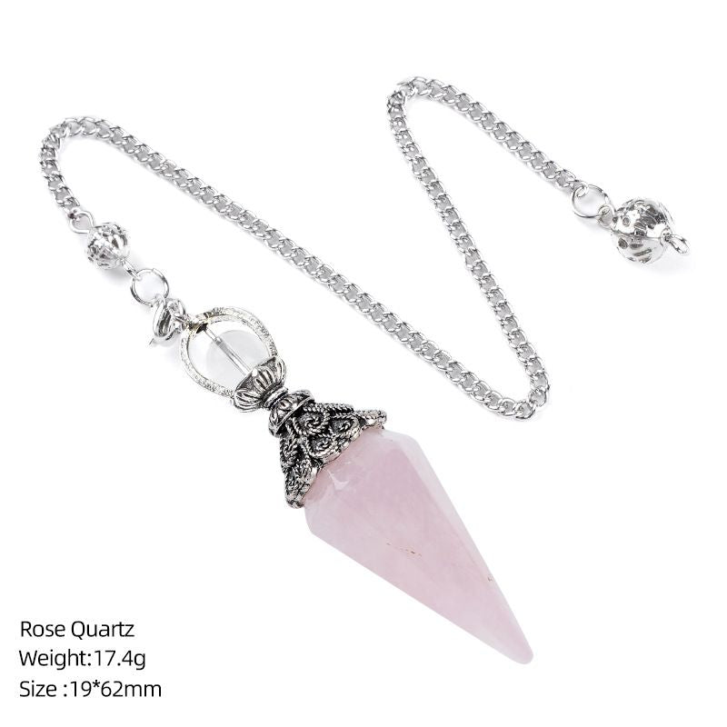 1412 Pingente de pêndulo de cristal natural Receptáculo de prata antiga Yoga Meditação Hexagonal Cone Frequência ajustável Pêndulo de pedra natural
