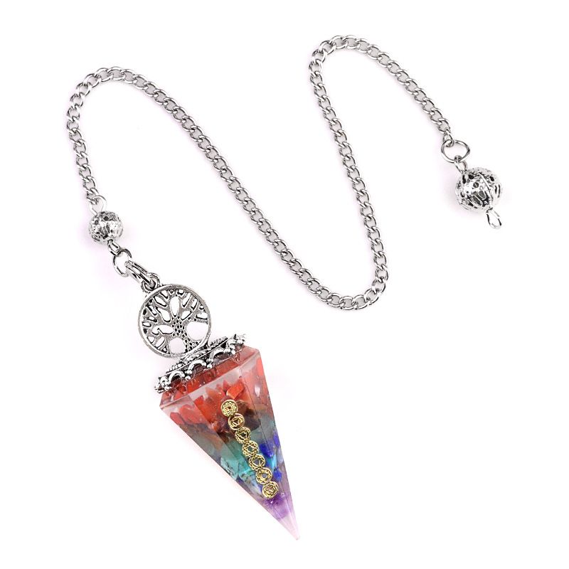 2122-Pêndulo de cascalho de cristal natural colorido bronze prata resina de ouro símbolo de sete veias pêndulo de cone hexagonal