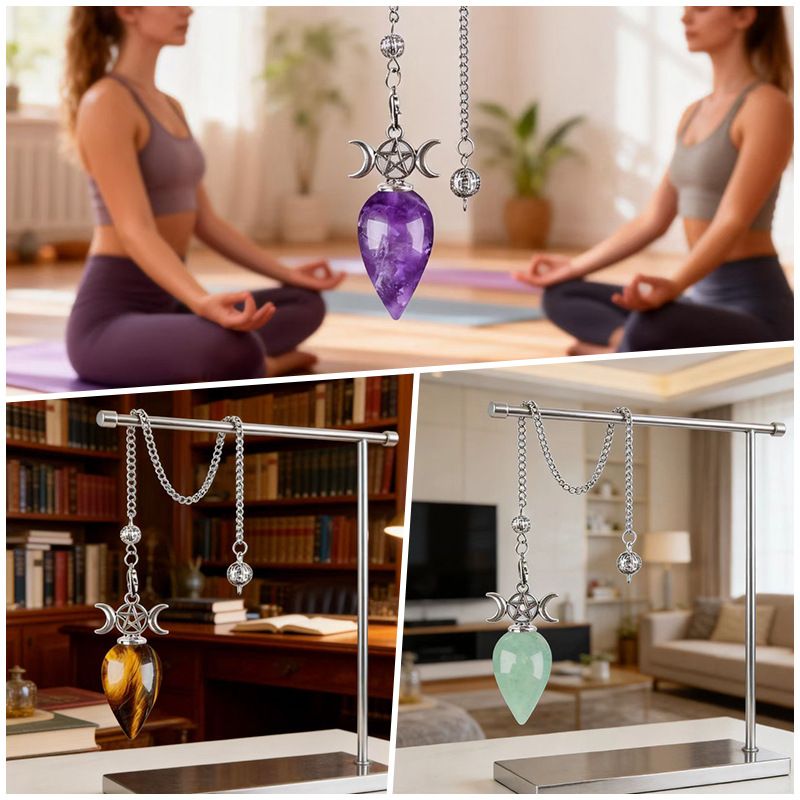 Pêndulo de cristal natural com corrente modelo mensal de gota de água yoga meditação frequência ajustável pêndulo de pedra natural