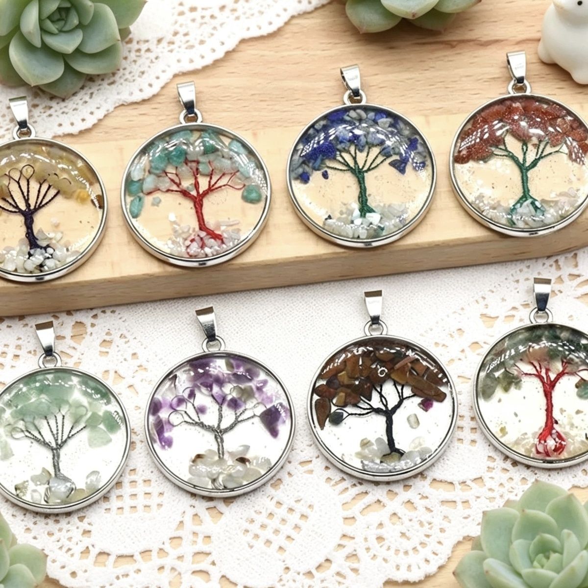 1513-33Mm Árvore da Vida Pingente de Cascalho, Pedra de Cristal Natural Pingente Colorido da Árvore da Vida Pingente de Colar DIY