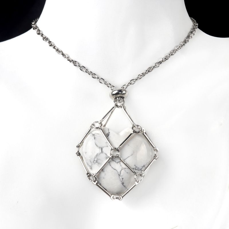 1737-Corrente de aço inoxidável de pedra de amor de ágata de cristal natural, pingente de bolso de malha de coração de bambu de metal