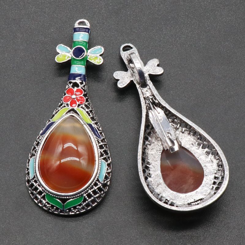 1203 Pingente de broche de gema de cristal ágata concha pipa pingente de liga de pedras preciosas, colar de pino