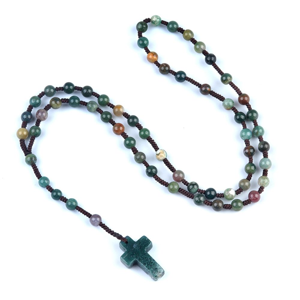 1800-Pedra de ágata de cristal natural 6mm cordão de rosário de mão cordão redondo pingente de cruz tecido DIY