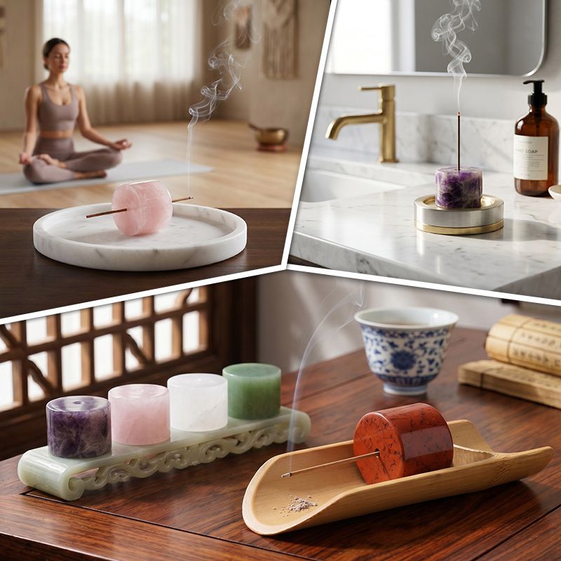 2465 Base de inserção de incenso de pedra natural personalizada, enfeite de pedra de aromaterapia de decoração Zen para casa, suporte de incenso de arame de ametista cilíndrico.