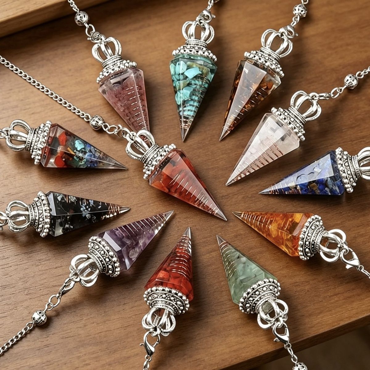 1645-Pêndulo de alma, pêndulo de resina de cascalho cristal, pêndulo de chakra cônico hexagonal