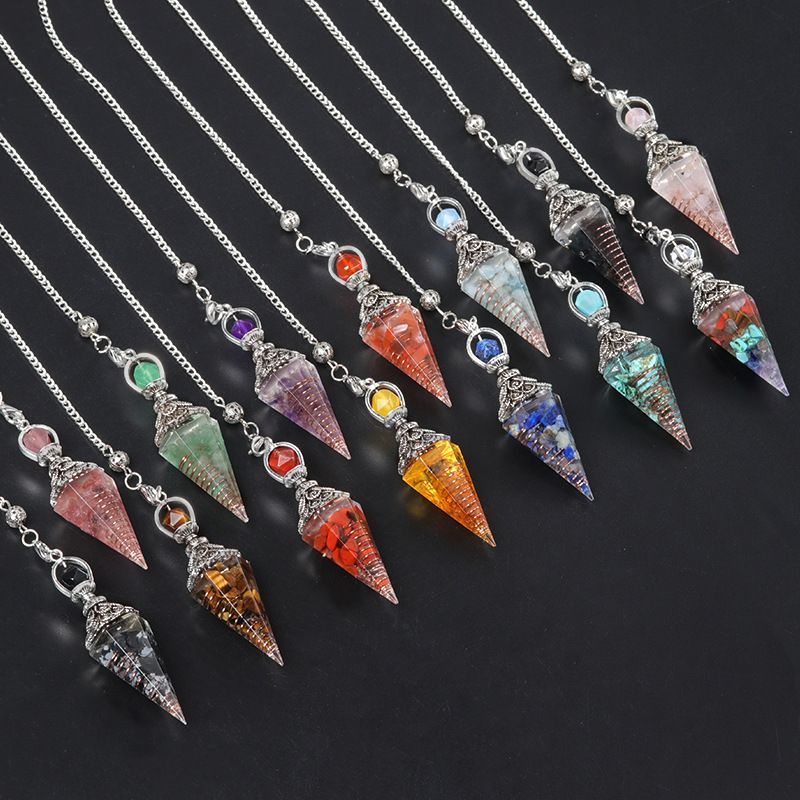 1924-Pêndulo de resina de cascalho colorido de cristal de prata antigo, pingente de cone hexagonal, transfronteiriço