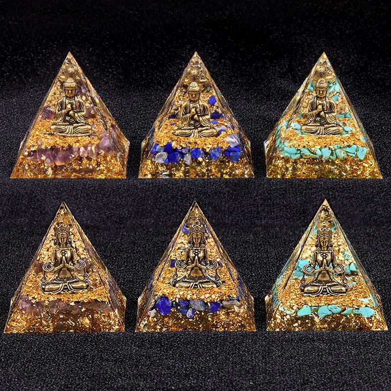 Nova pirâmide de 6cm torre de ouro azul ametista natural Elefante Deus série Ornamento de pirâmide epóxi