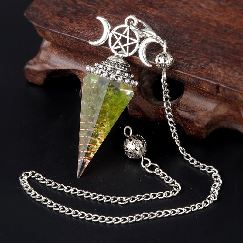 1690-Lua trifásica colorido cascalho resina cristal pedra preciosa hexagonal cone pêndulo, pingente de chakra