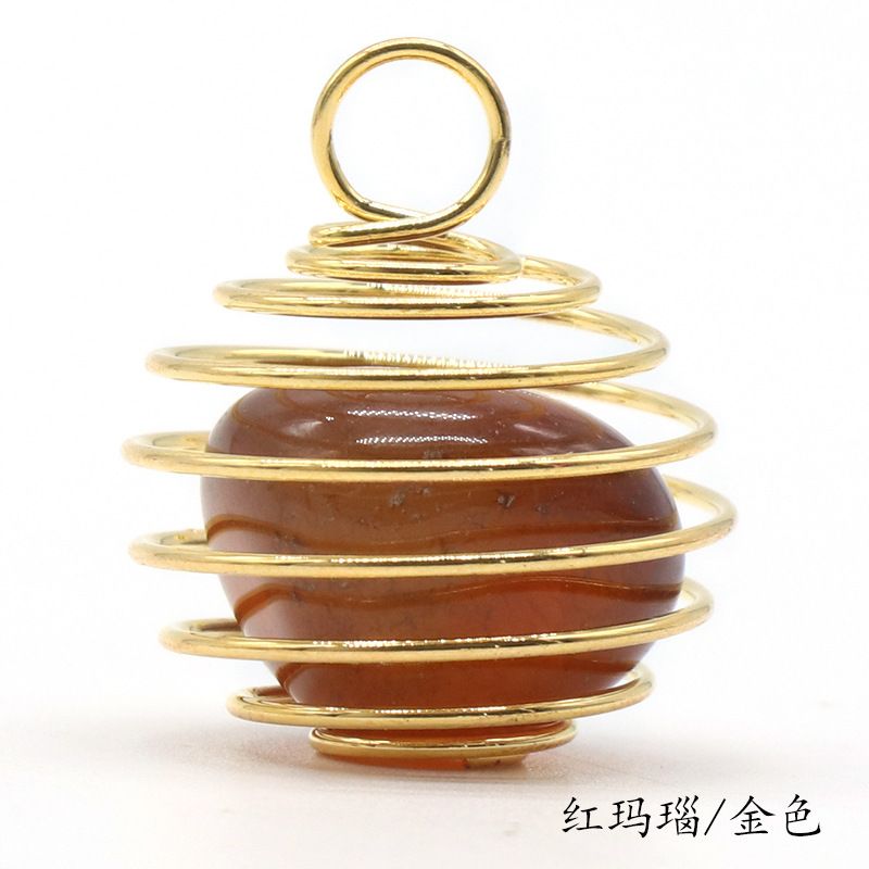 1069-Pingente de mola de enrolamento de fio de cobre de pedra semipreciosa de cristal natural, ágata verde Colar de ametista de cristal em pó Dongling