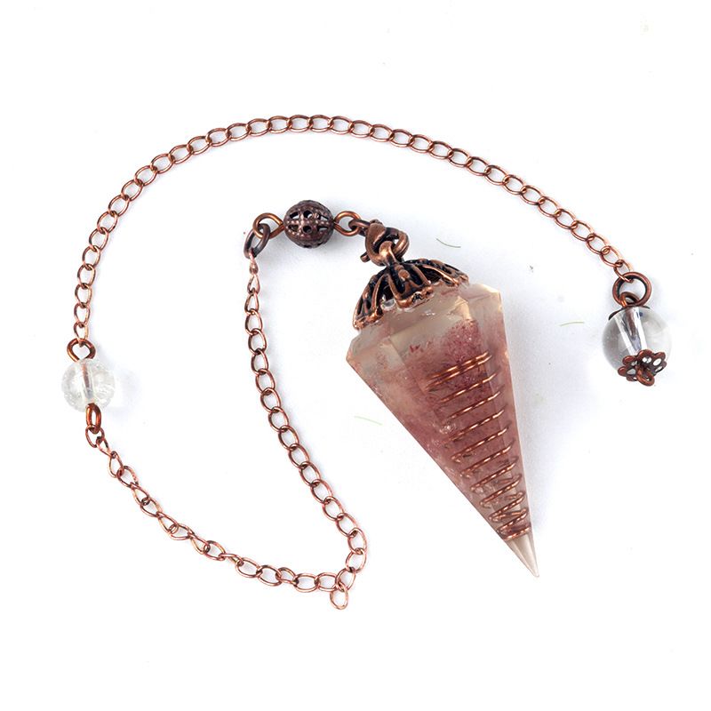 1697-Pêndulo de cristal colorido pêndulo de bandeja de flor de cobre vermelho antigo, pêndulo de cone hexagonal de resina de cascalho natural