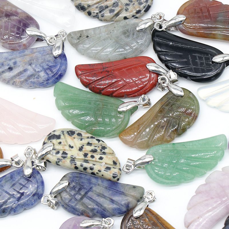 1608-32Mm pingente de asa, pedra de ágata de cristal natural gravado pingente de asa DIY acessórios de jóias