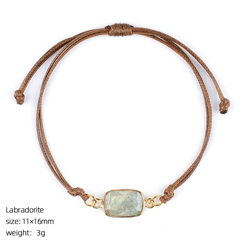 Pulseira de pedra semi-preciosa natural, corda trançada à mão retrô, bainha de corte ajustável, pulseira retangular de cristal natural.