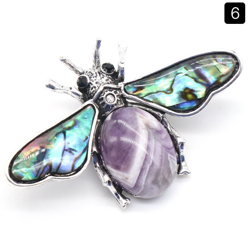 1209-Abelha semipreciosa de ágata de cristal, pingente de pedra preciosa de concha de abalone incrustada em liga, colar de broche