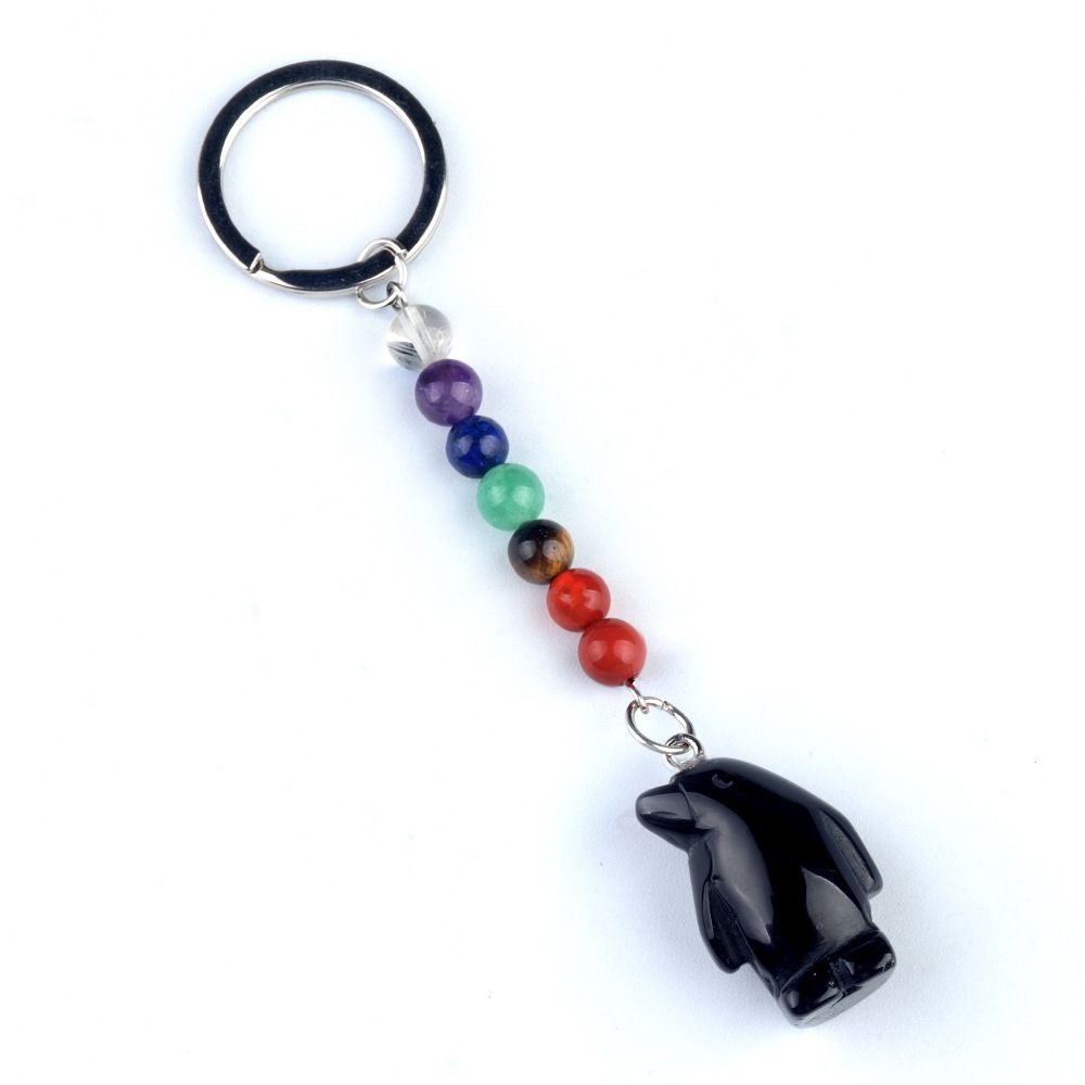 1961-Chaveiro de pinguim de pedra de cristal colorido, pingente de jóias de chakra, pingente de chaveiro de animal pequeno