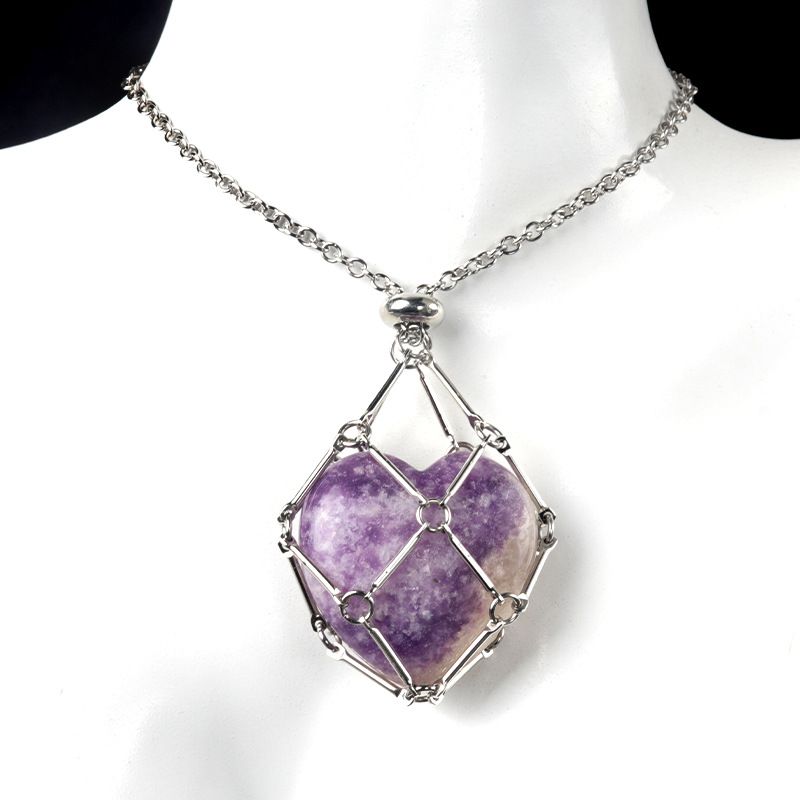 1737-Corrente de aço inoxidável de pedra de amor de ágata de cristal natural, pingente de bolso de malha de coração de bambu de metal