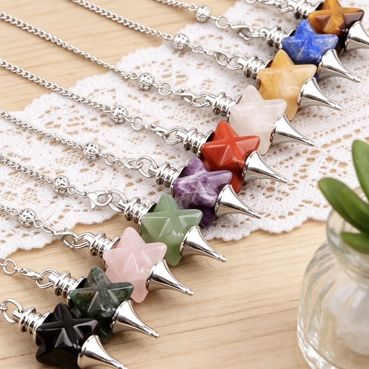2148-Merkaba Pêndulo de Cristal, Roxo Rosa Cristal Ágata Hexagrama Pêndulo Yoga Jóias