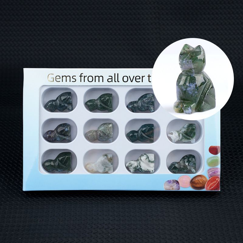 12 caixas de cor 1 polegada gravado cristal ágata jade gatinho ornamento animal conjunto de artesanato