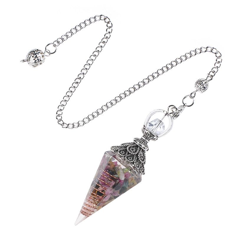 Pêndulo de cristal natural Pêndulo de resina de cone hexagonal de prata antiga envolto em epóxi