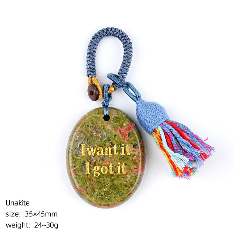 2454 Chaveiro de pedra de cristal natural com letras de ágata pingente de carro, pingente de bolsa de pedra mindfulness.