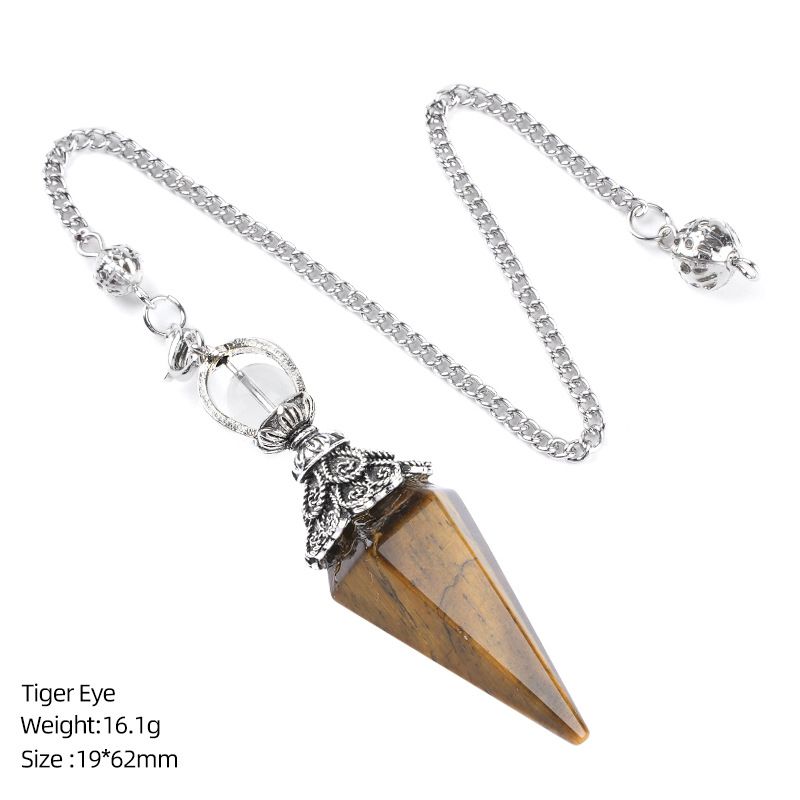 1412 Pingente de pêndulo de cristal natural Receptáculo de prata antiga Yoga Meditação Hexagonal Cone Frequência ajustável Pêndulo de pedra natural