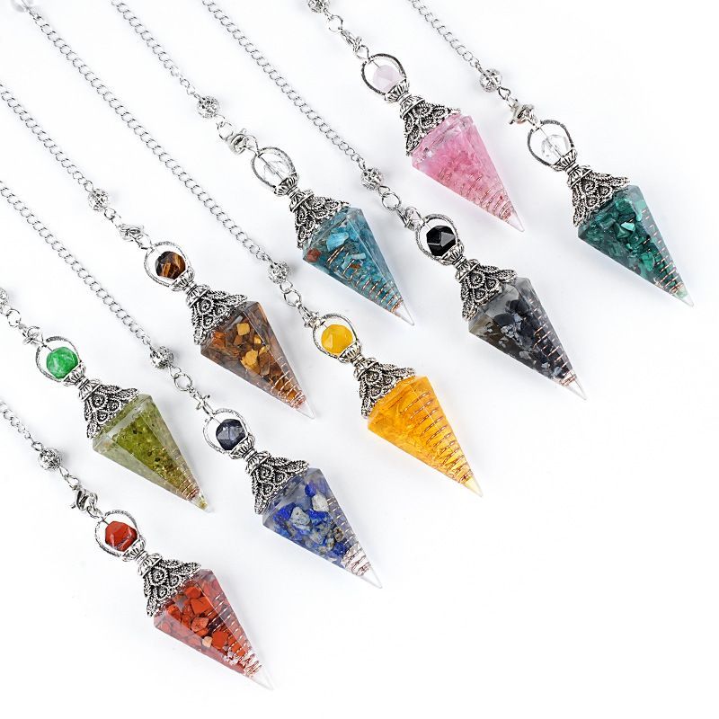 Pingente de pêndulo de cristal de resina personalizada Hexagonal Cone Rhombus Agate Gravel Yoga Meditação Freqüência Ajustável Pêndulo Epóxi