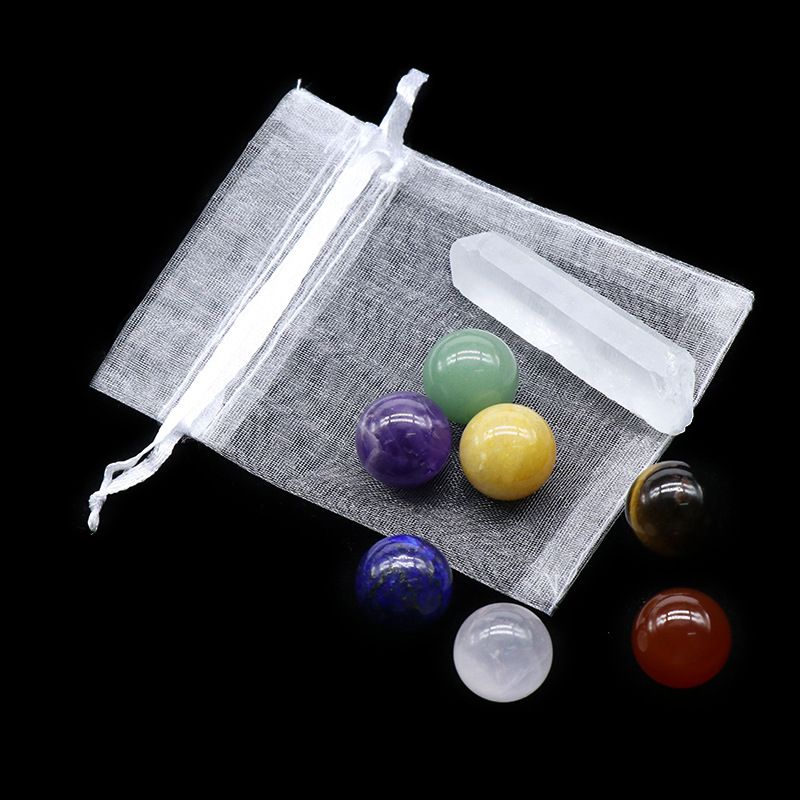 Conjunto de bolas de pedra colorida de chakra de ágata de cristal 893-16Mm, pedra áspera de cristal branco pilar de pedra de ioga.