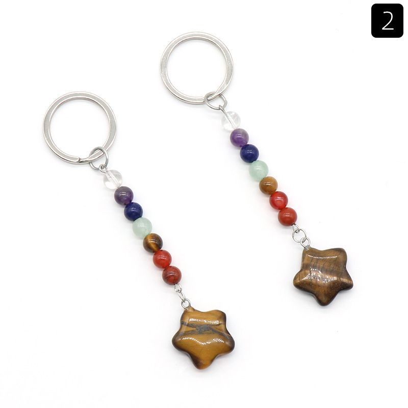 1472-Cristal natural de pedra colorida pentagrama pingente de chave de jóias pingente de bagagem DIY chaveiro