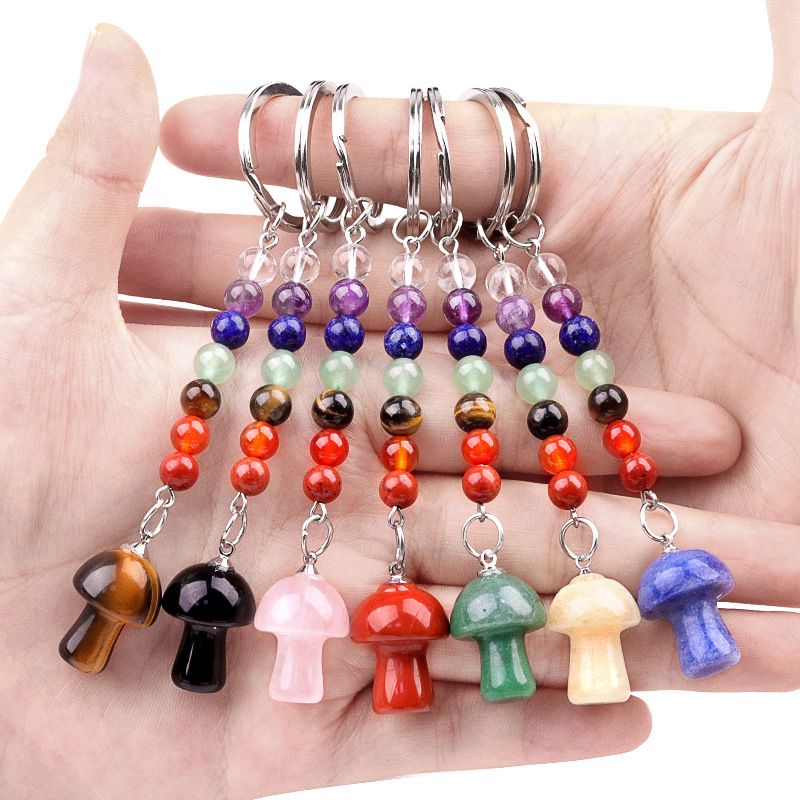 1469-Chave pingente de cristal natural colorido pedra 2cm cogumelo chaveiro saco acessórios presente atacado