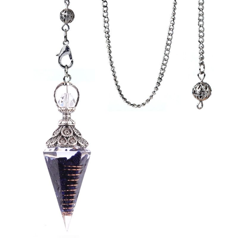 1924-Pêndulo de resina de cascalho colorido de cristal de prata antigo, pingente de cone hexagonal, transfronteiriço