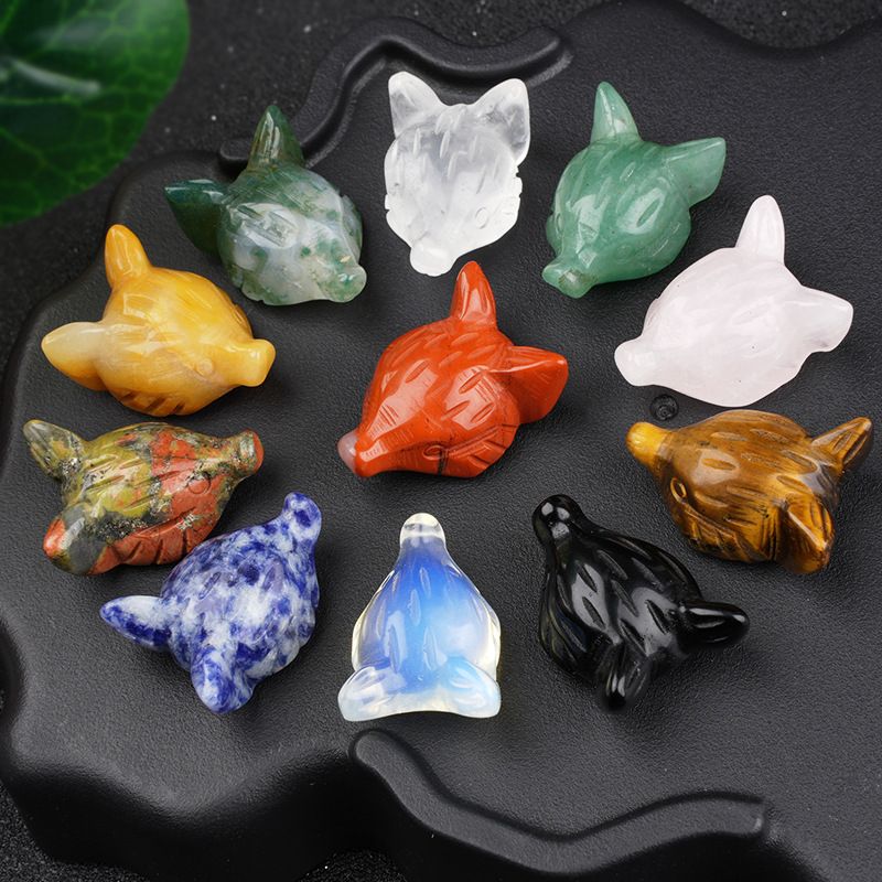 Pó de ametista natural cristal olho de tigre pedra escultura cabeça de raposa artesanato animal pequeno ornamento