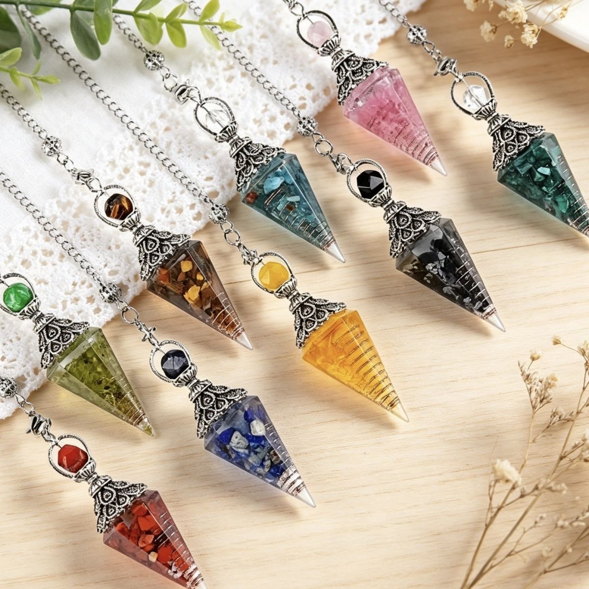 Pingente de pêndulo de cristal de resina personalizada Hexagonal Cone Rhombus Agate Gravel Yoga Meditação Freqüência Ajustável Pêndulo Epóxi