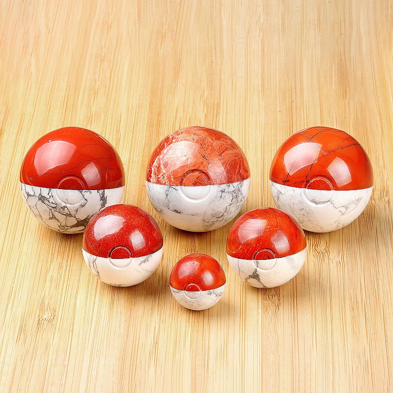1638-Bola de emenda de jaspe vermelho de pinho branco natural, bola de jogo de elfo mágico de pedra semipreciosa de duas cores bola vermelha e branca