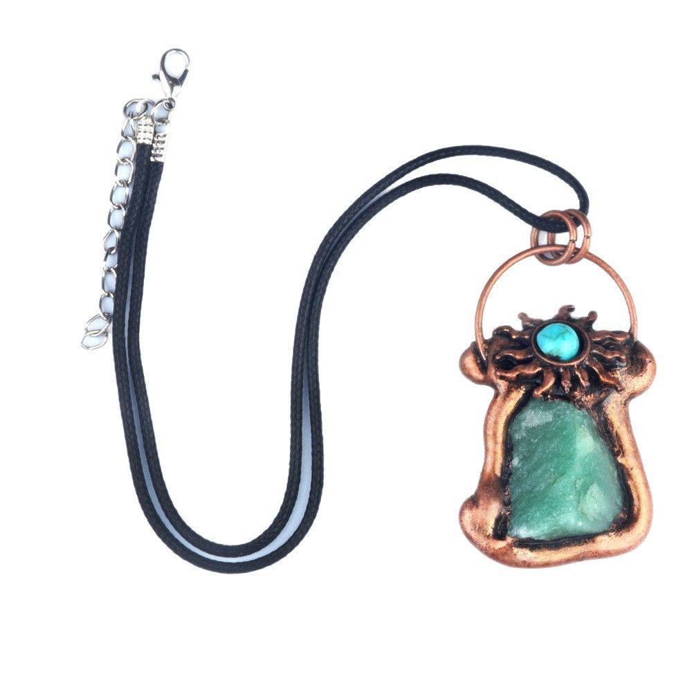 1913-Pingente de pedra áspera de cristal natural turquesa incrustada no sol, colar de bronze retrô de jade de cristal