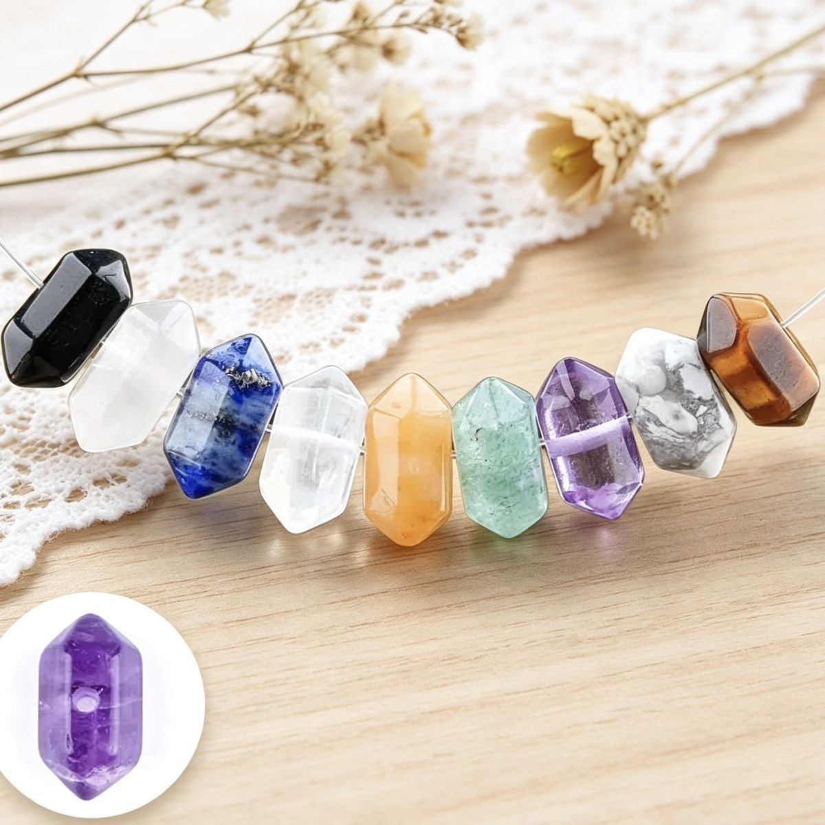 Acessórios de orifício médio de ponta dupla de cristal natural, olho de tigre de ouro verde, cristal de ametista em pó de cristal branco acessórios de joias DIY