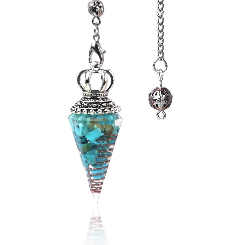 1645-Pêndulo de alma, pêndulo de resina de cascalho cristal, pêndulo de chakra cônico hexagonal