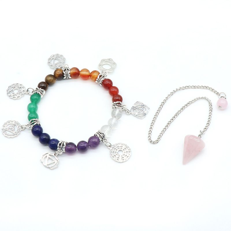 1128-Chakra Pulseira de Pedra preciosa de cristal colorido Pêndulo de cristal Conjunto de pingente de cone hexagonal, joias de ioga