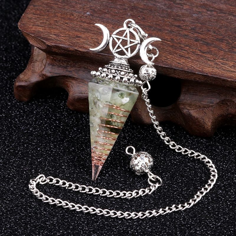 1690-Lua trifásica colorido cascalho resina cristal pedra preciosa hexagonal cone pêndulo, pingente de chakra