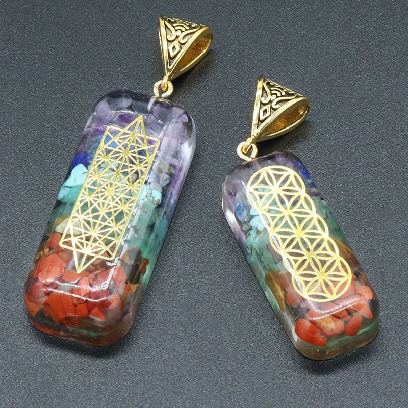 Pingente retangular de resina de pedra colorida de cristal natural, colar de argila colorida de Chakra Yoga